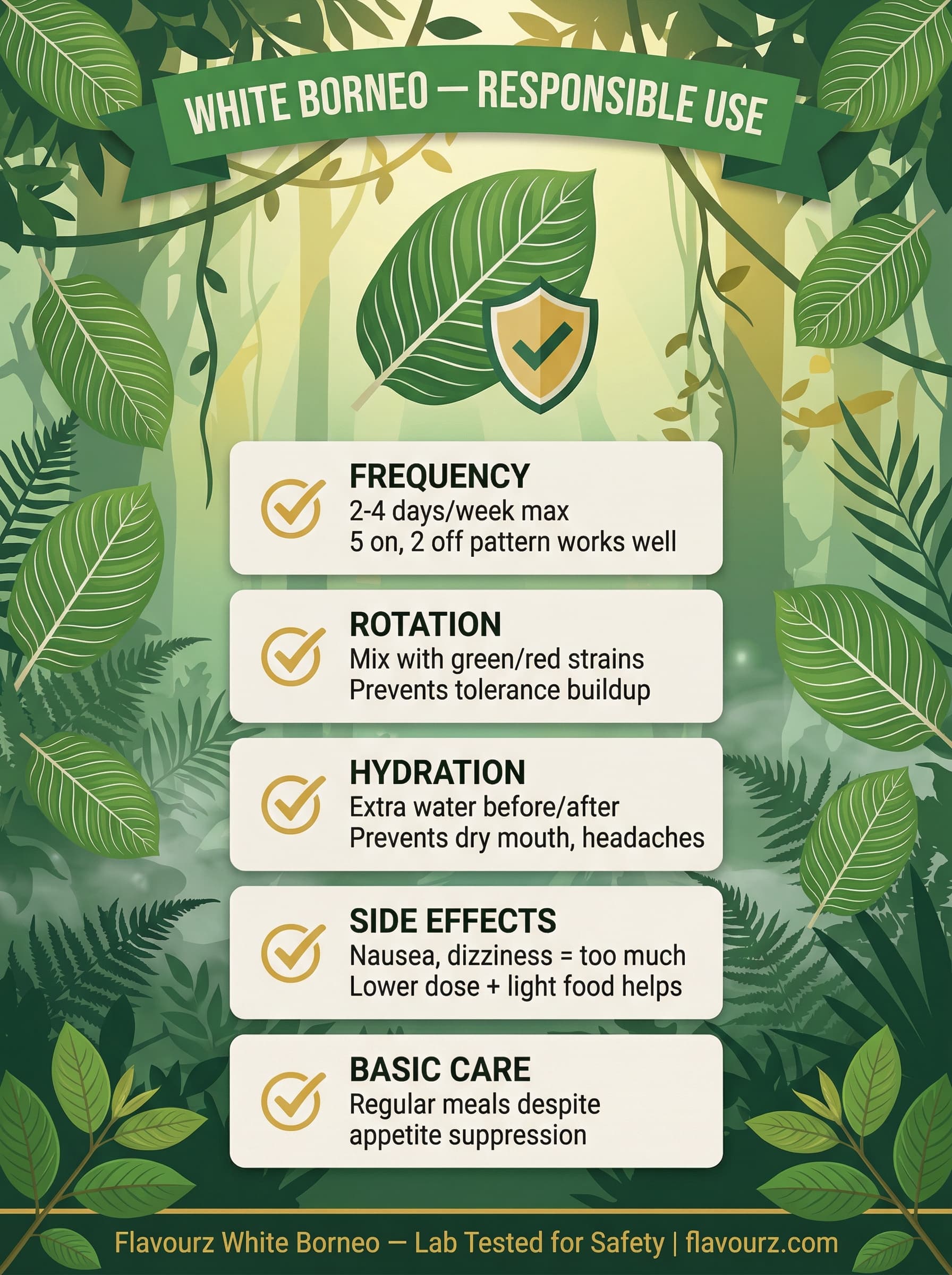 infographic for White Borneo Kratom Powder Responsible Use Guidelines kratom